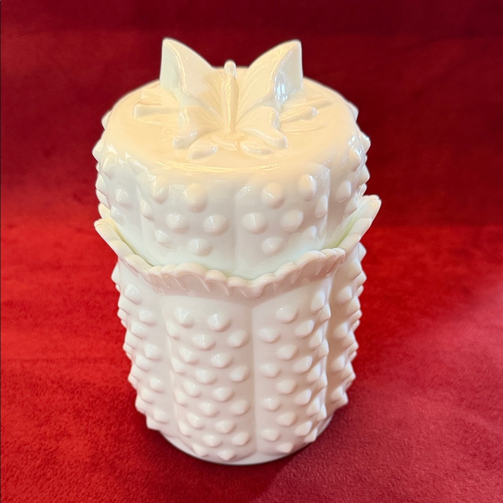 VTG Fenton white milk glass, hobnail jar with butterfly lid